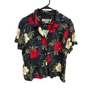 Sunset Cove Hawaiian Button-Up Shirt XL Black Floral Rayon Red & Cream Hibiscus